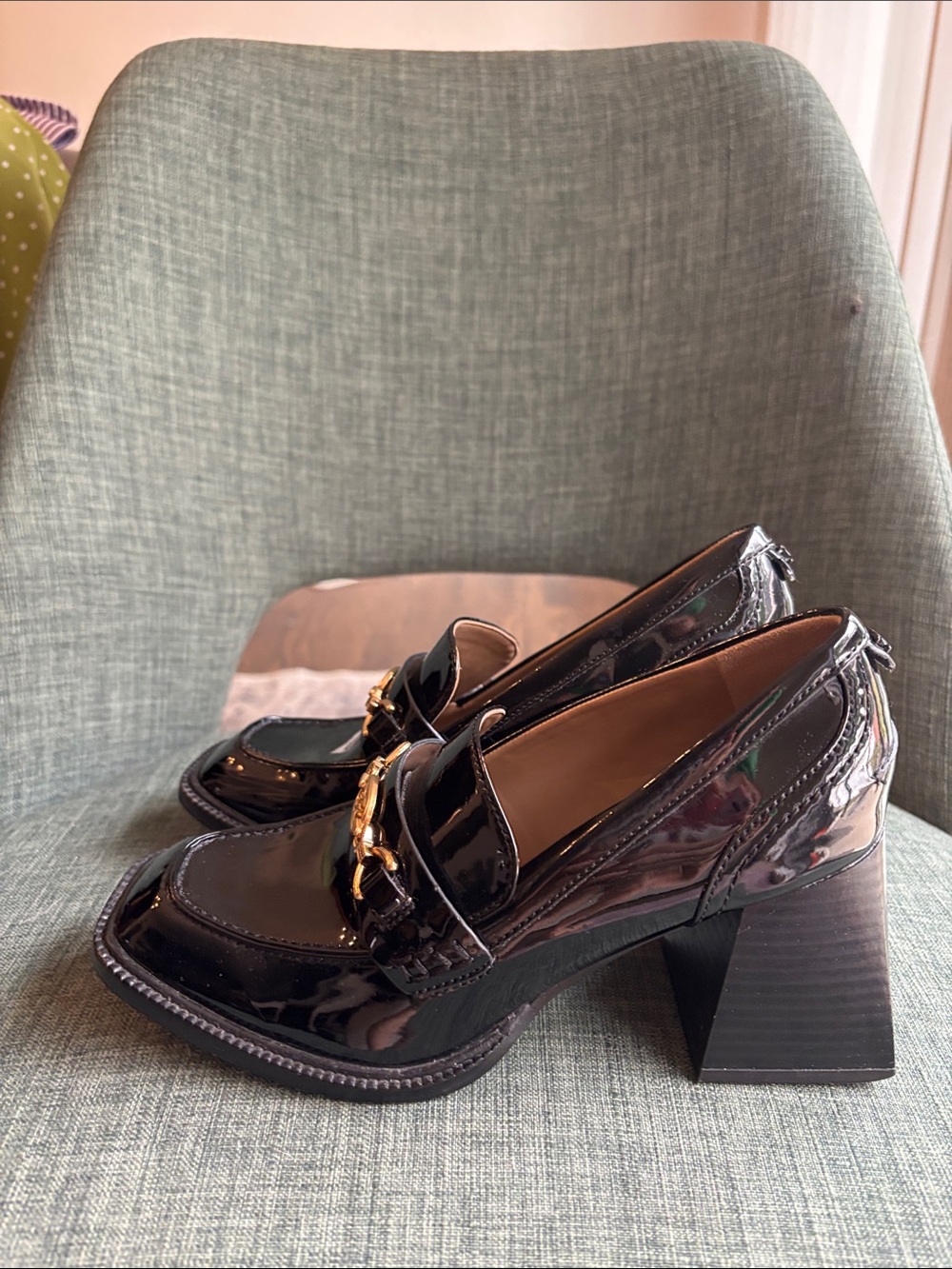 Sam Edelman QUINCY BLOCK HEEL LOAFER patent leather gold charm chunky women’s 6 - Picture 9 of 13
